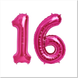 Hot Pink 16th Birthday Metallic Helium Balloons Numbers Posters and Art